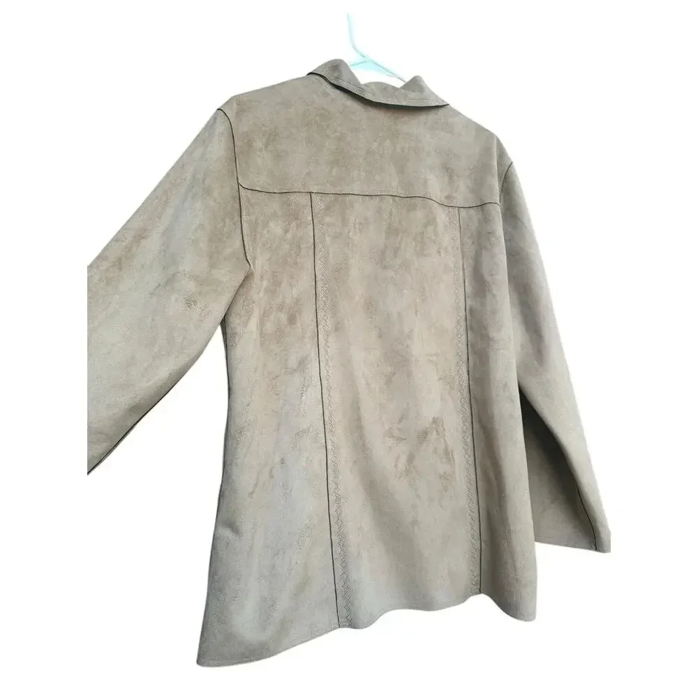 ALFRED DUNNER Beige Suede Polyester Button Up Shacket Fleece Jacket Sz 16